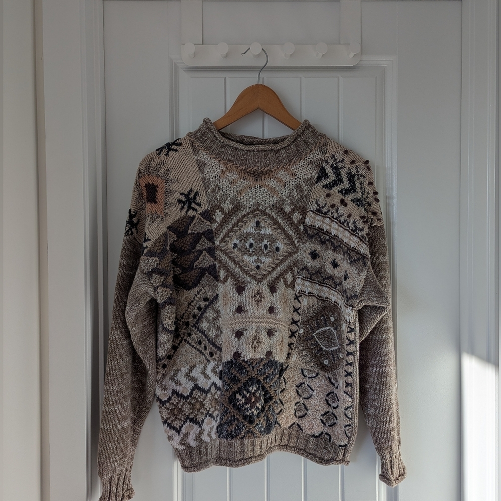 Vintage Cotton/Ramie Mock Neck Neutral Sweater Size M Taupe, Brown, Grey & Cream - Picture 9 of 10
